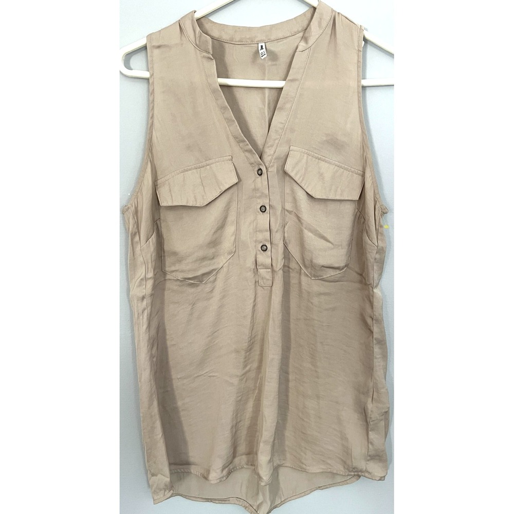 Stradivarius Shirt Womens Medium Beige Sleeveless V Neck Utility Pockets Blouse